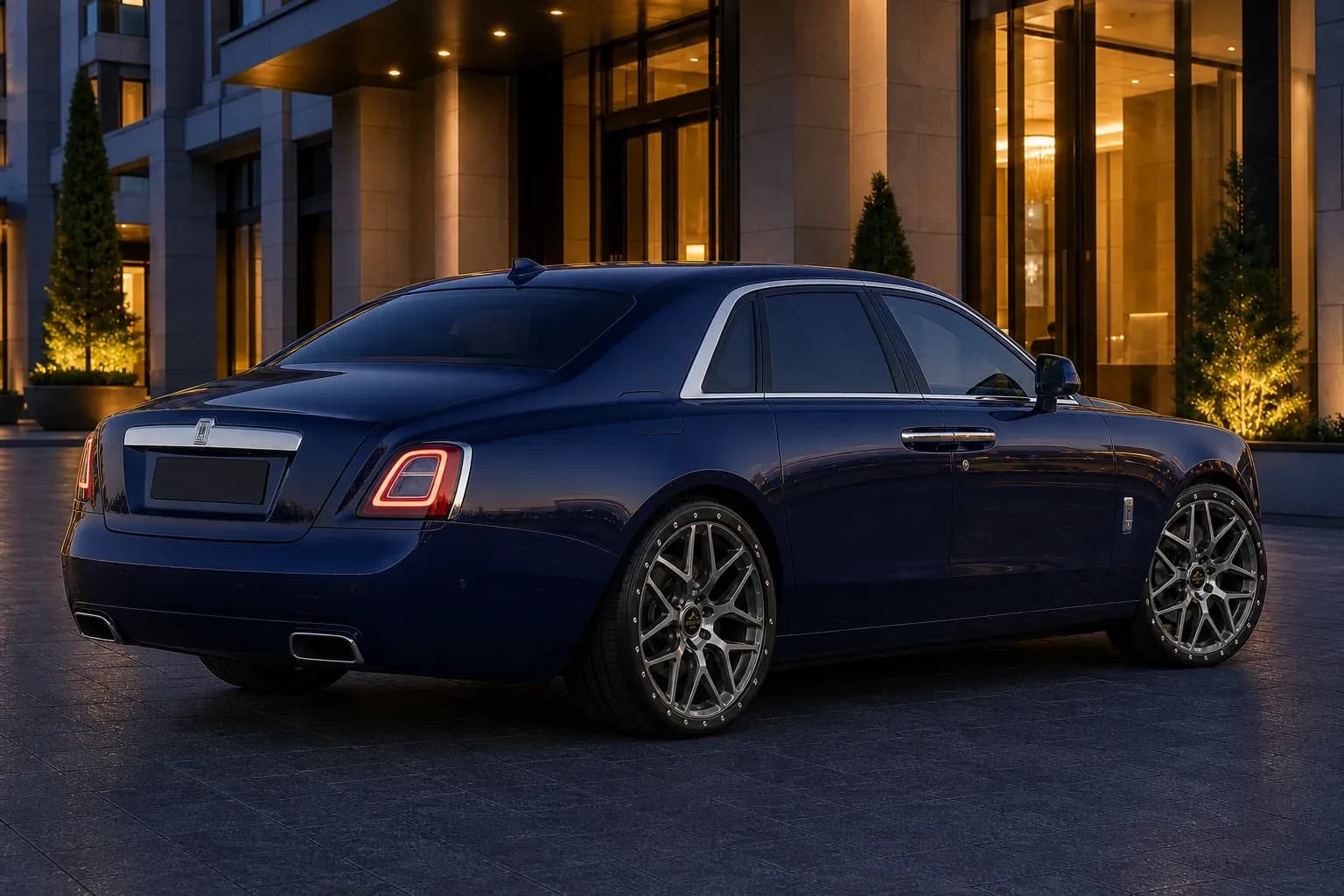 2025 Rolls-Royce Ghost with EW-O-BL-005 wheel, rear right 45 view