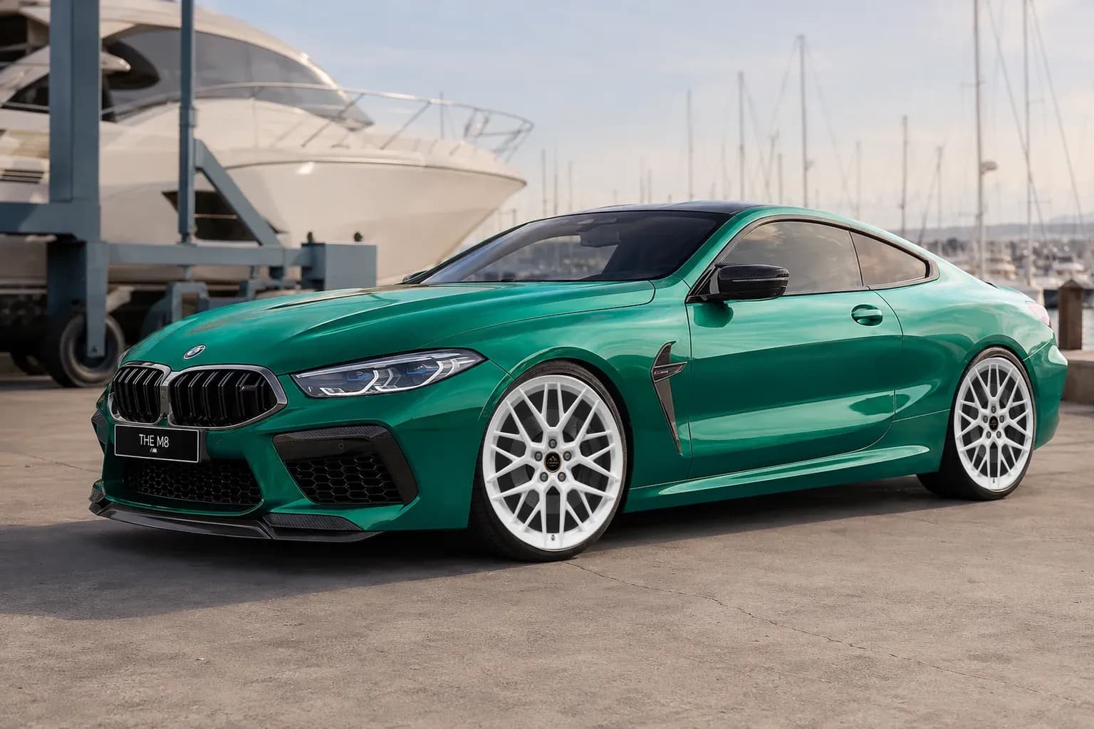 2020 BMW M8 with EW-P-MF-048 wheel, front right 45 view