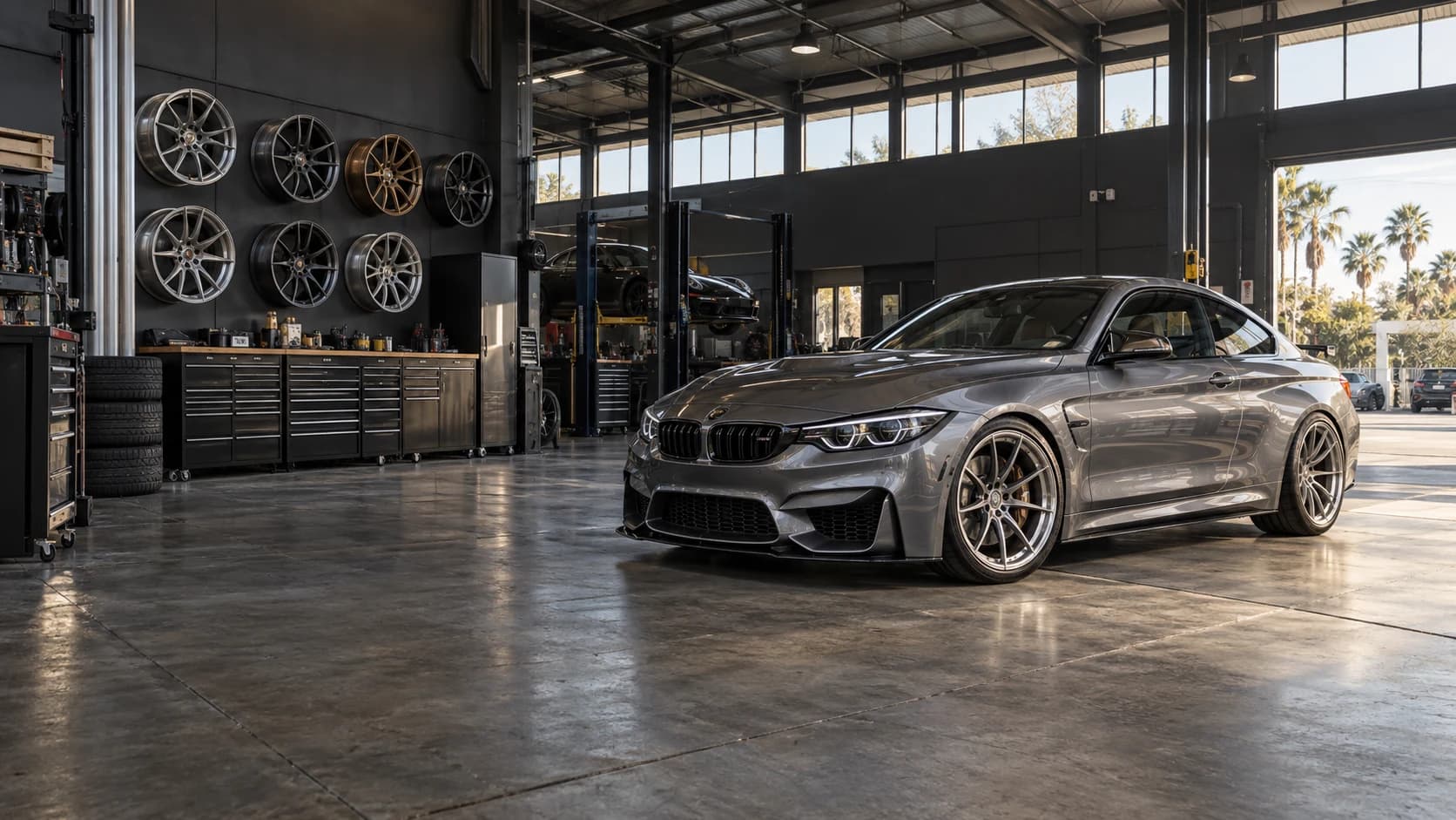 American performance shop with forged wheel displays and installation bay