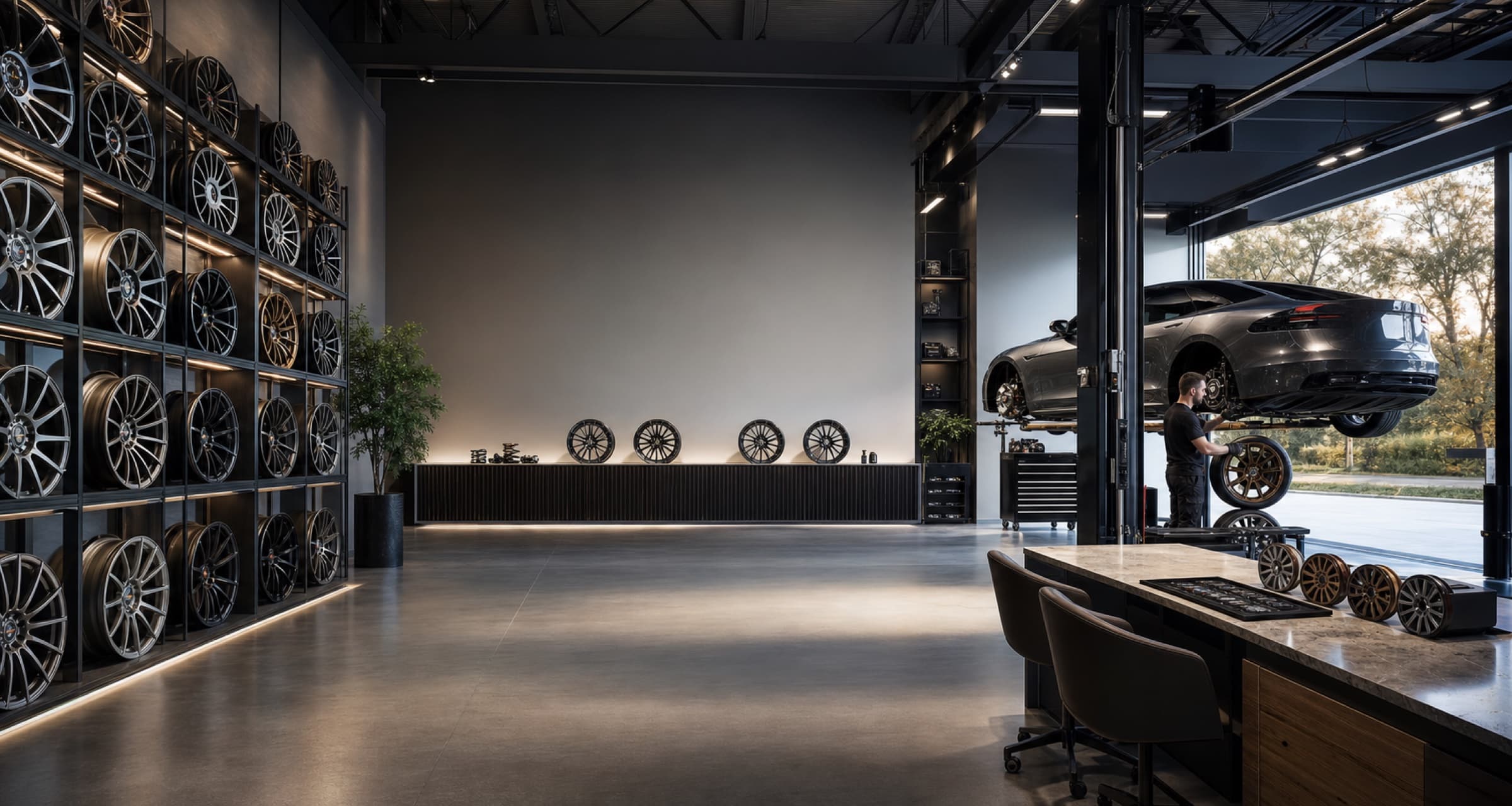 Premium dealer studio with forged wheel displays and installation bay