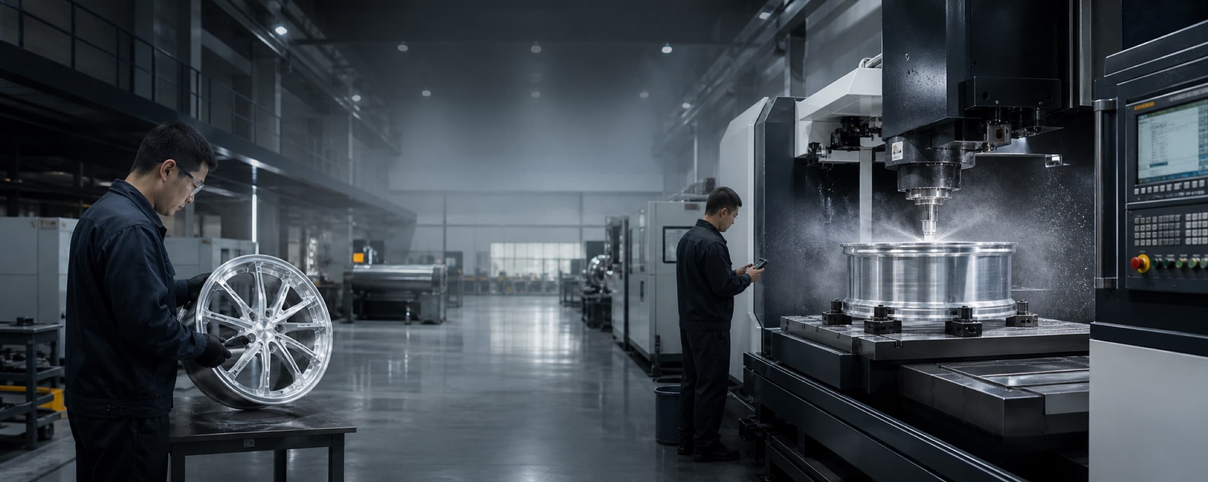 Everest forged wheel being machined on a precision CNC in a clean factory