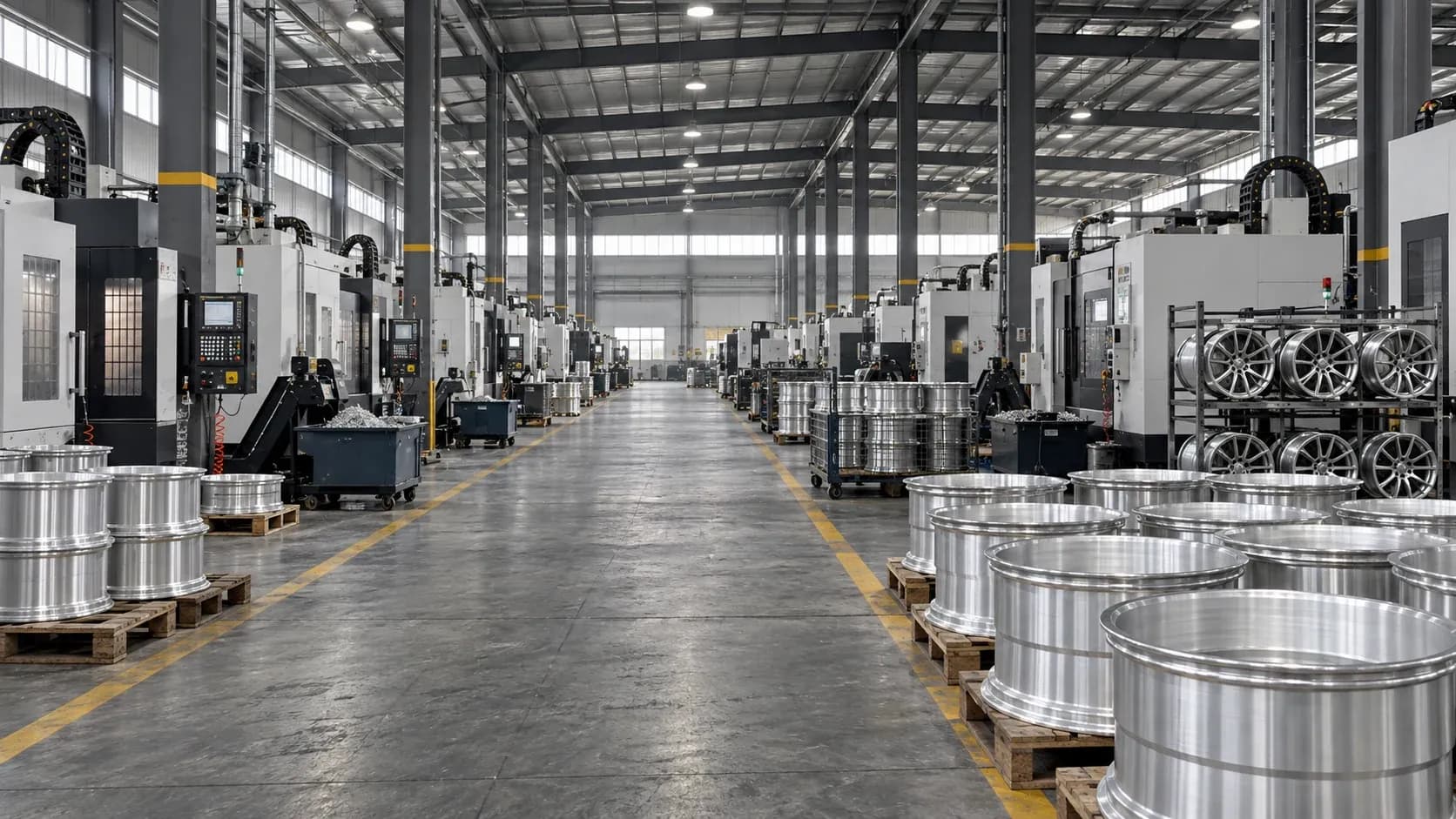 Wheel factory with CNC machining lines and forged aluminum wheel blanks